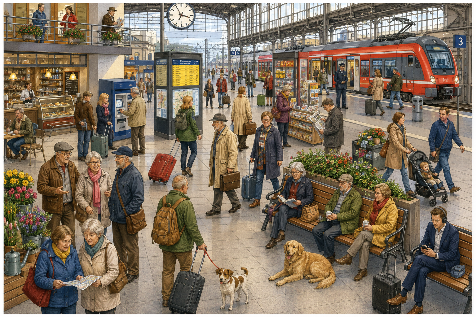 Wimmelbild Bahnhof für Senioren zum Ausdrucken