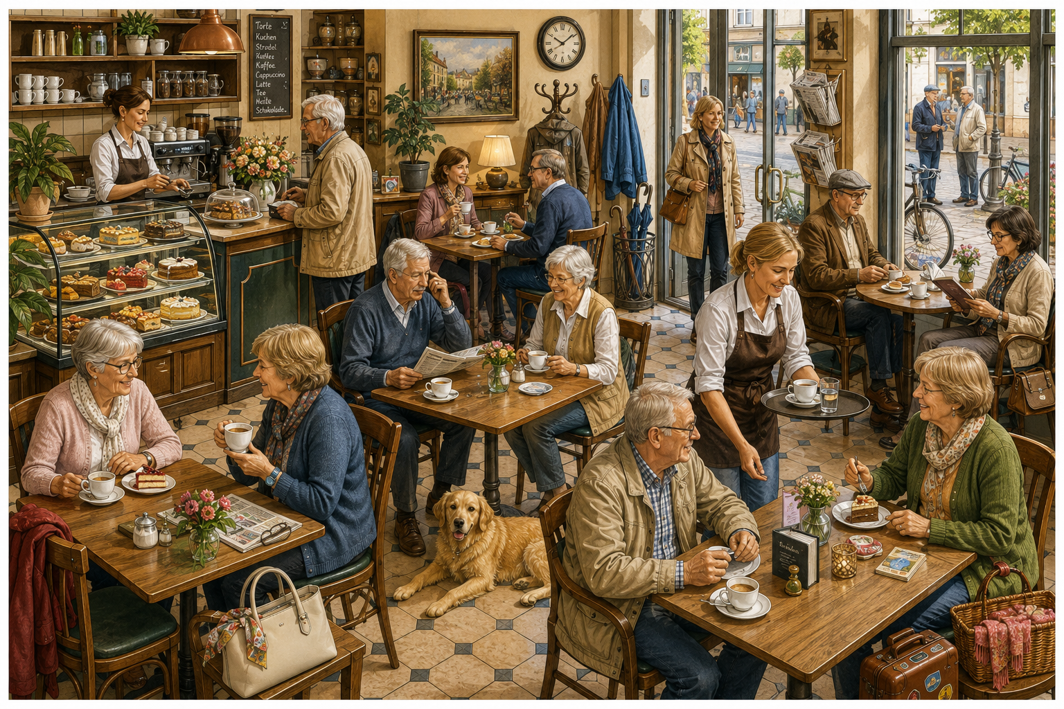 Wimmelbild Café für Senioren zum Ausdrucken