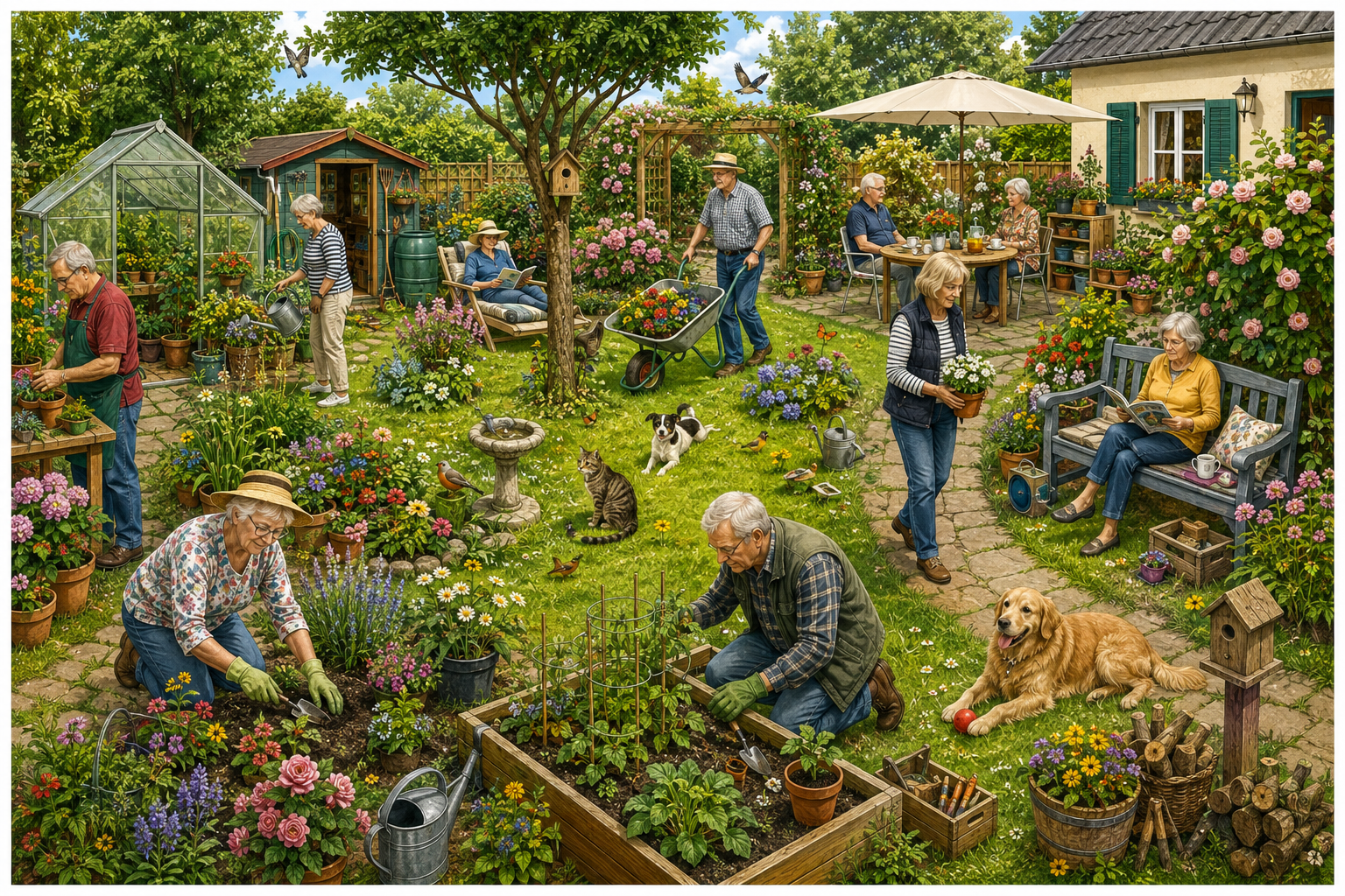 Wimmelbild Garten für Senioren zum Ausdrucken
