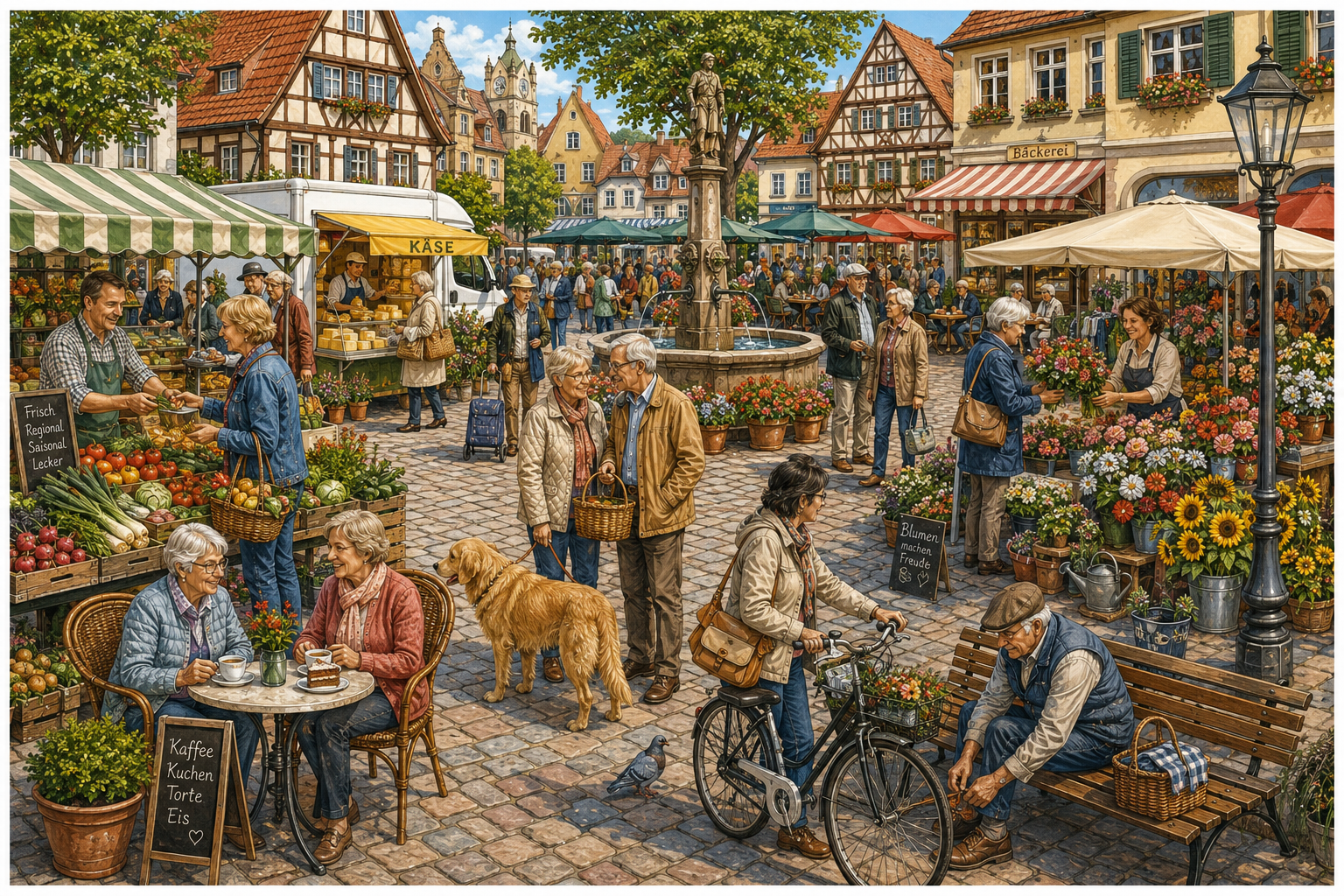Wimmelbild Marktplatz für Senioren zum Ausdrucken