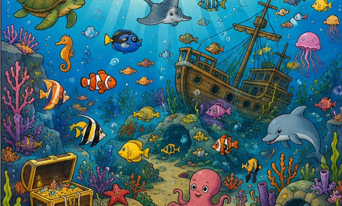 Wimmelbild Unterwasserwelt kostenlos als PDF ausdrucken