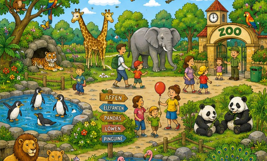 Wimmelbild Zoo kostenlos als PDF ausdrucken